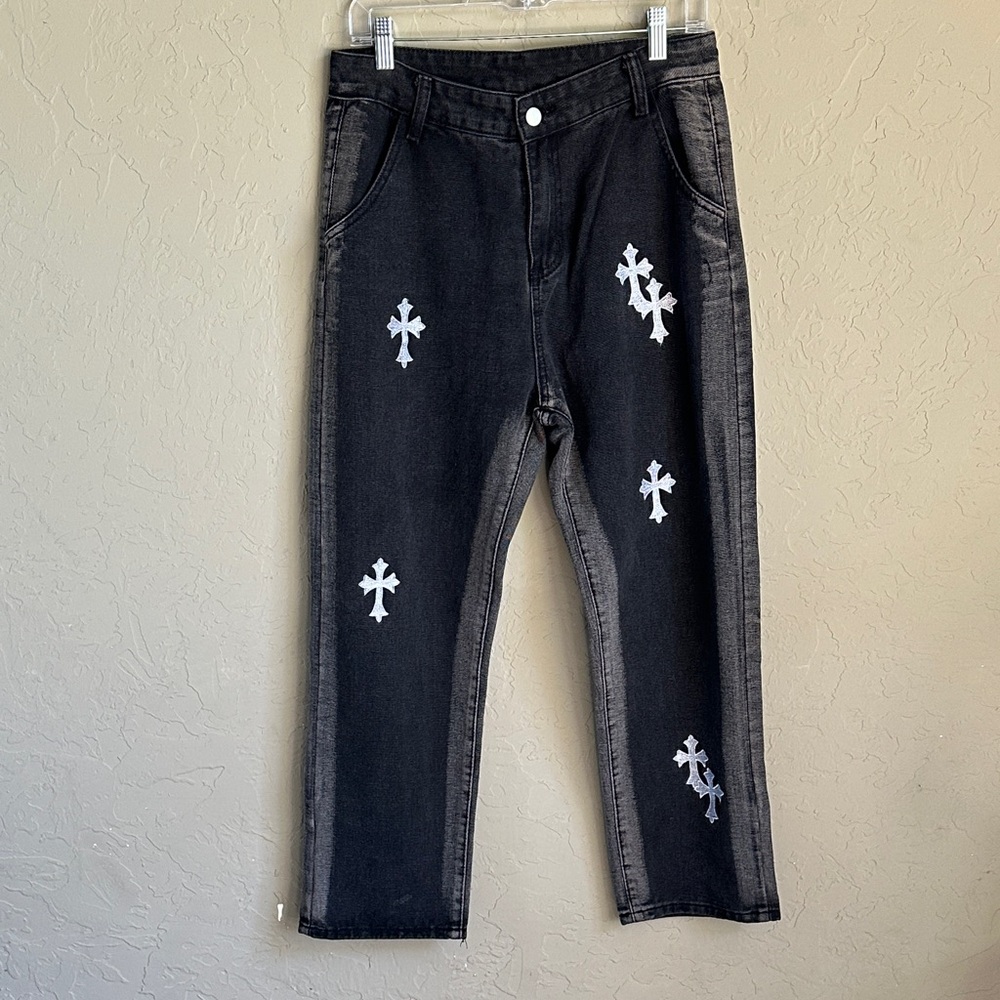 Black Gothic‎ jeans with white crosses size large waist 30 vintage